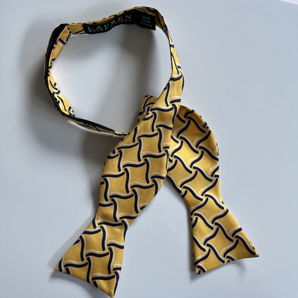 Lauren Ralph Lauren Silk Bow Tie Yellow Navy Geometric Adjustable Classic Preppy
